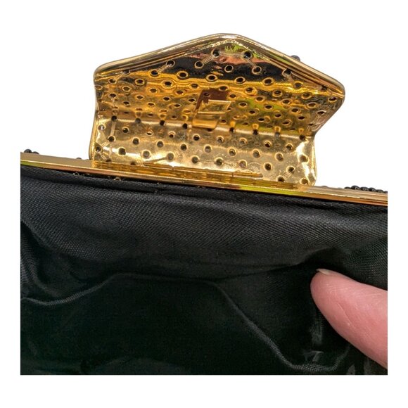 Vintage Beaded Evening Clutch With Metal Hideaway Strap 50-60s Style Black Gold - Picture 8 of 12